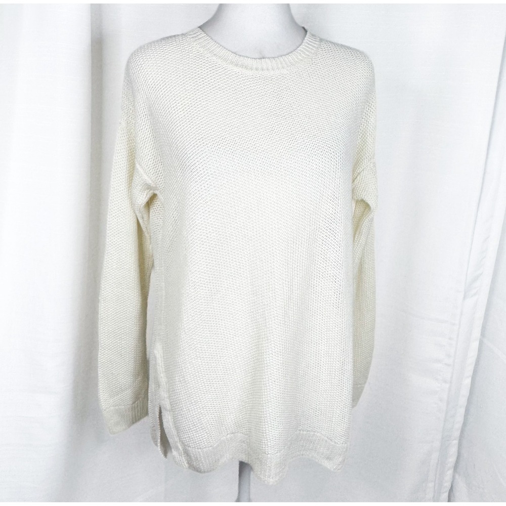 Polo Ralph Lauren Women M Linen Sweater Ivory Open Knit Crewneck Side Slit EUC